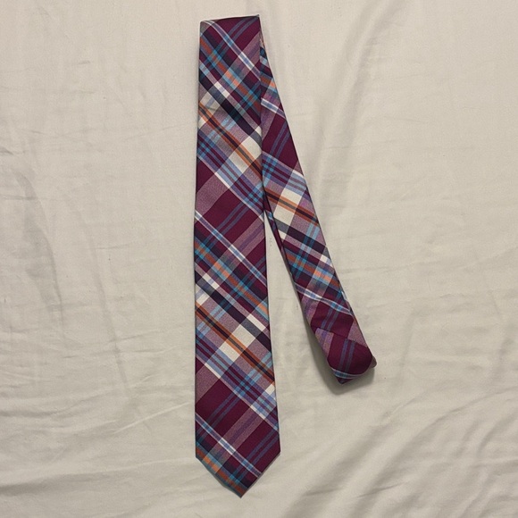 Express Plaid Tie in Burgundy and Blue - Picture 1 of 4